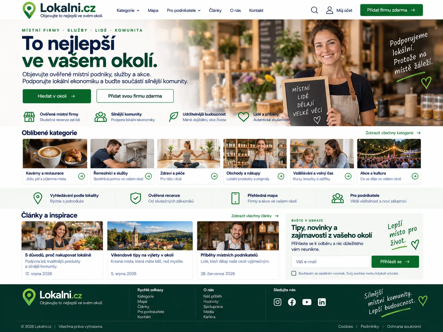 Ilustrační návrh webu Lokalni.cz v tmavě zelené, limetkové, bílé a modré barvě s místními podniky a službami